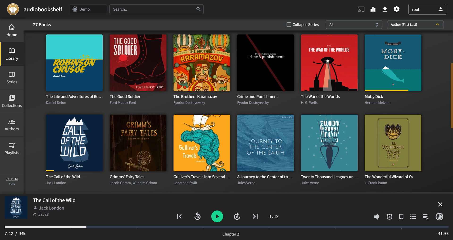 Audiobookshelf library showing audiobook collection