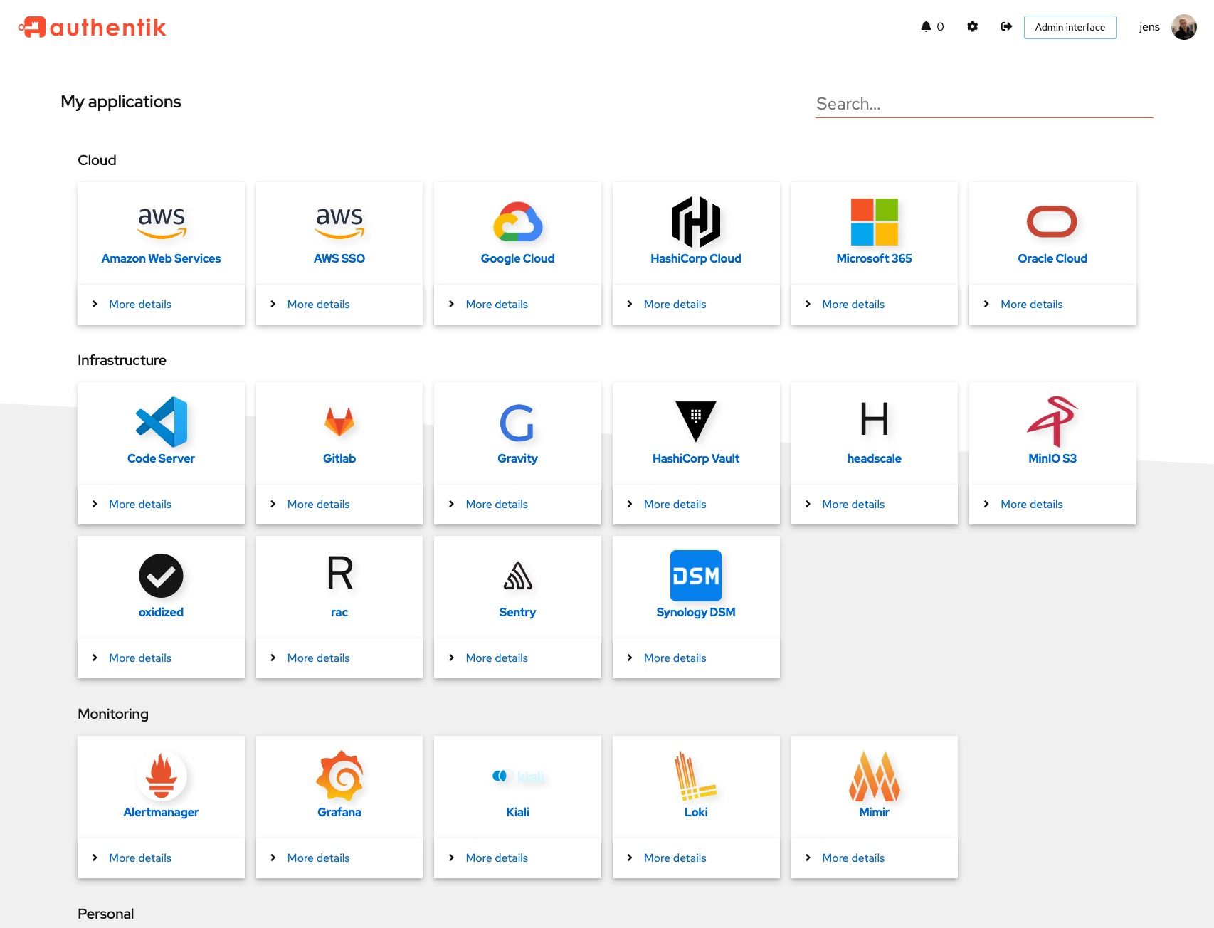 Authentik admin panel showing application dashboard
