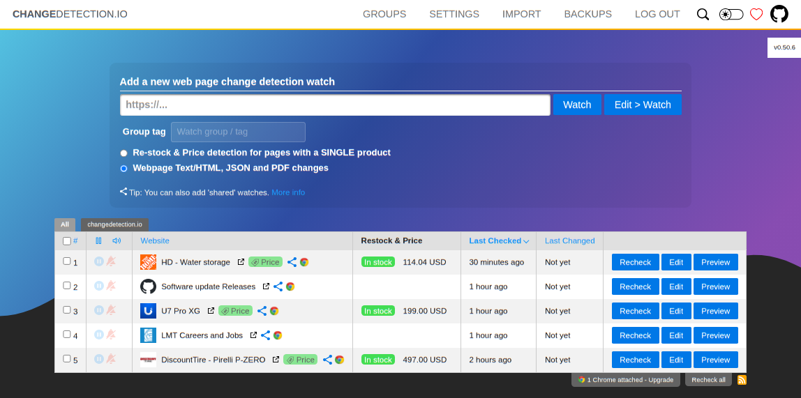Changedetection.io website monitoring dashboard