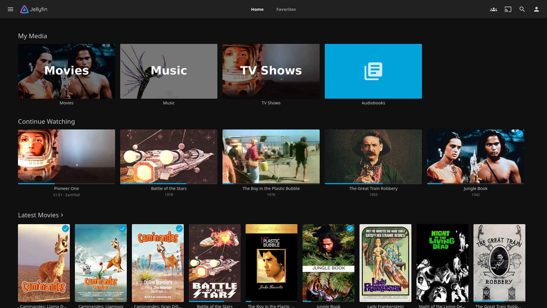 Jellyfin home screen showing media library with movies, TV shows, and collections
