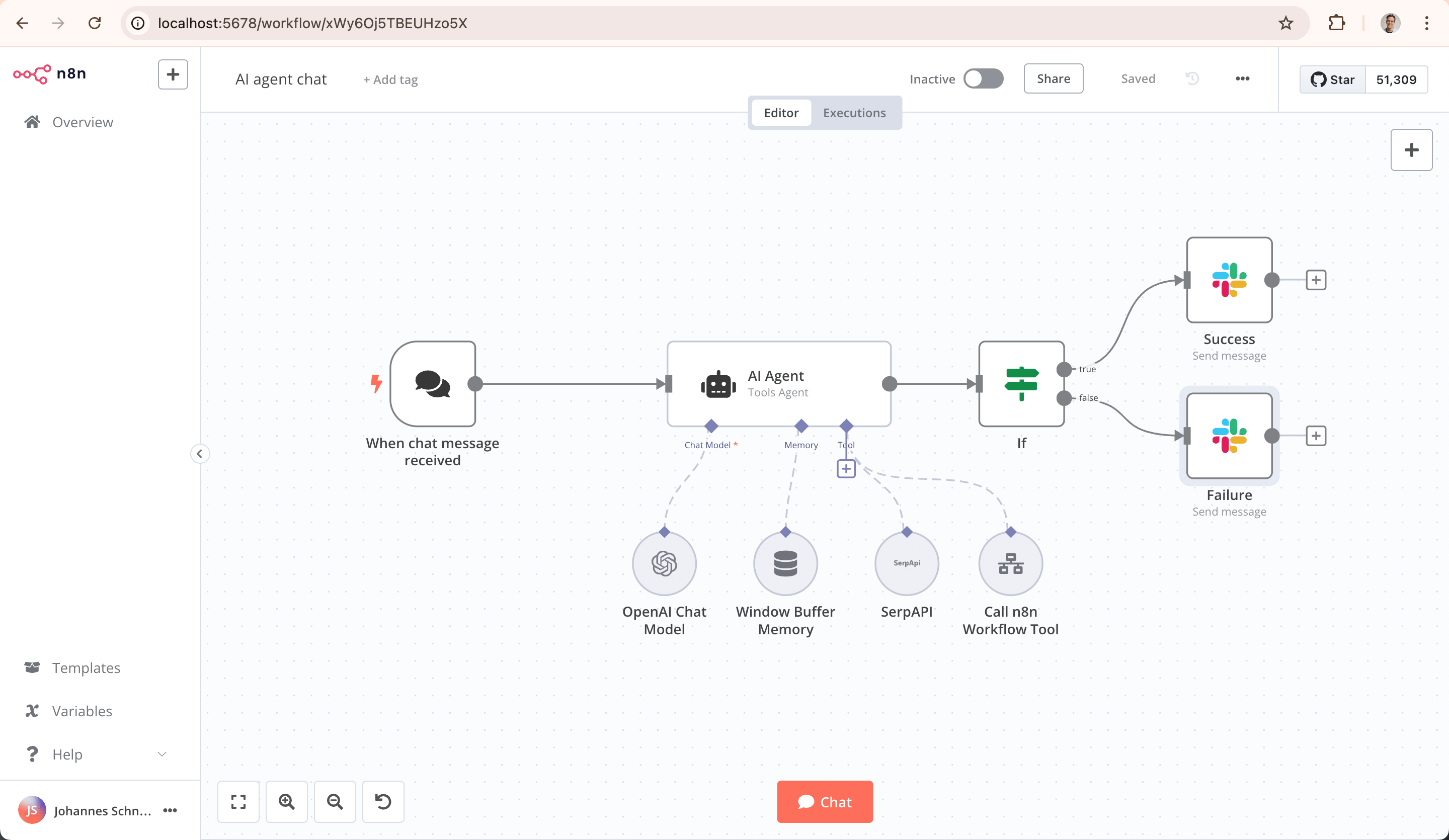 n8n workflow automation editor showing a visual node-based workflow