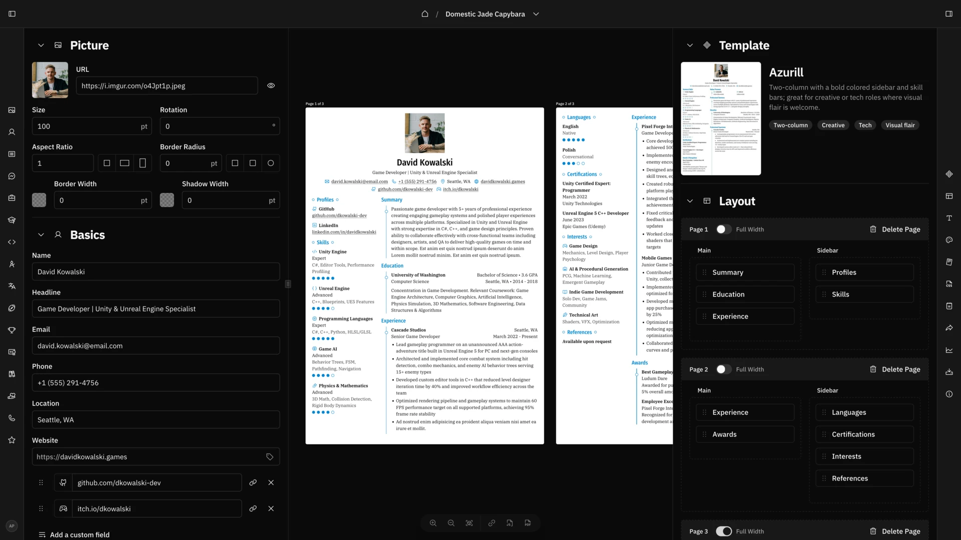 Reactive Resume builder interface showing the resume editor