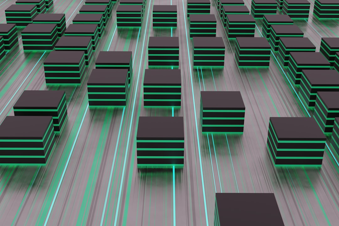 Rows of dark cubes with glowing green lines.